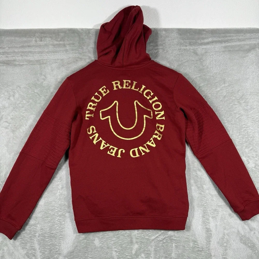 True Religion Hoodie Mens Large Maroon Full Zip Logo‎ Brand Jeans Sweatshirt